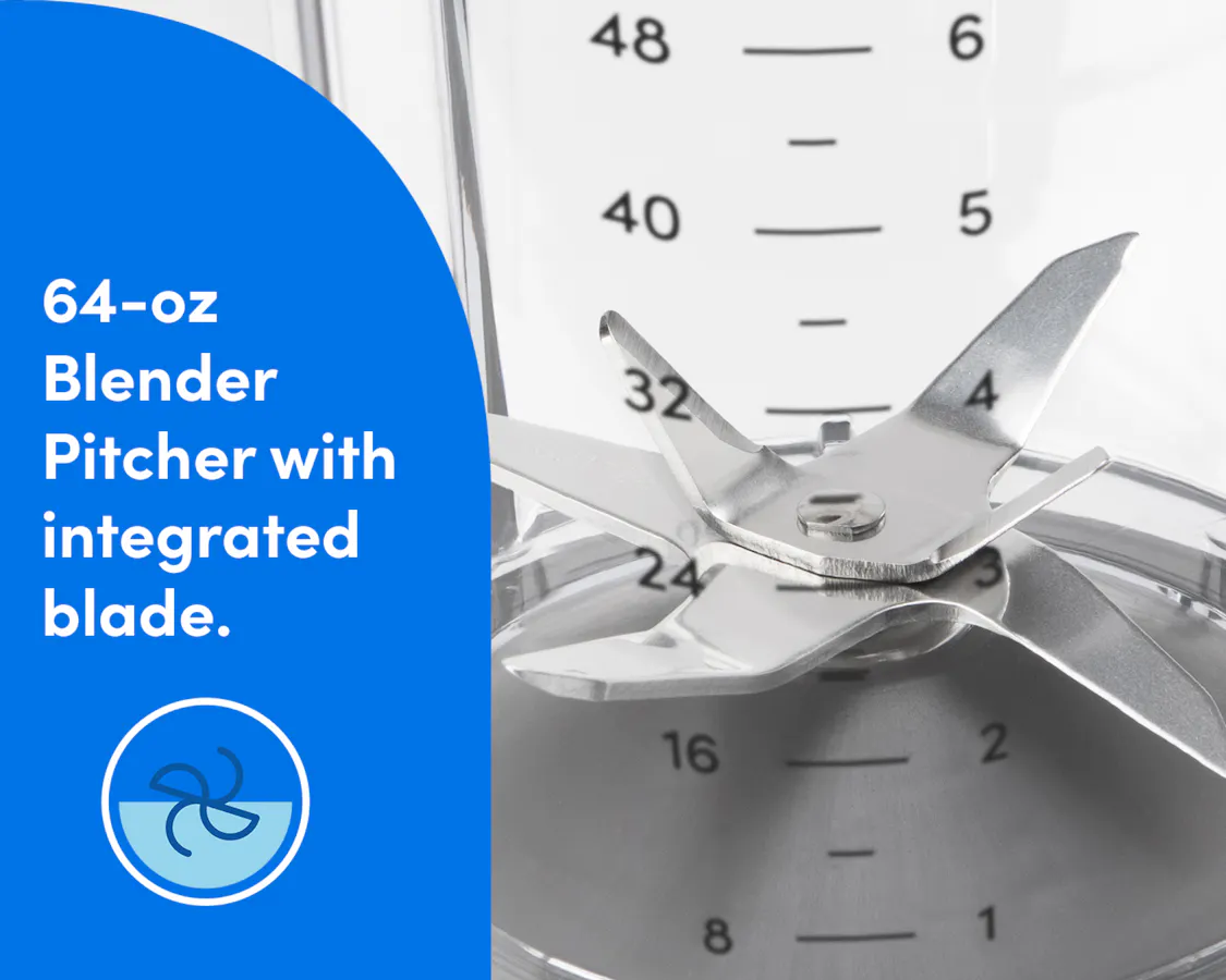 A closeup shot of the blade attached to the clear pitcher. A blue panel to the left of the image reads "64oz Blender Pitcher with integrated blade."