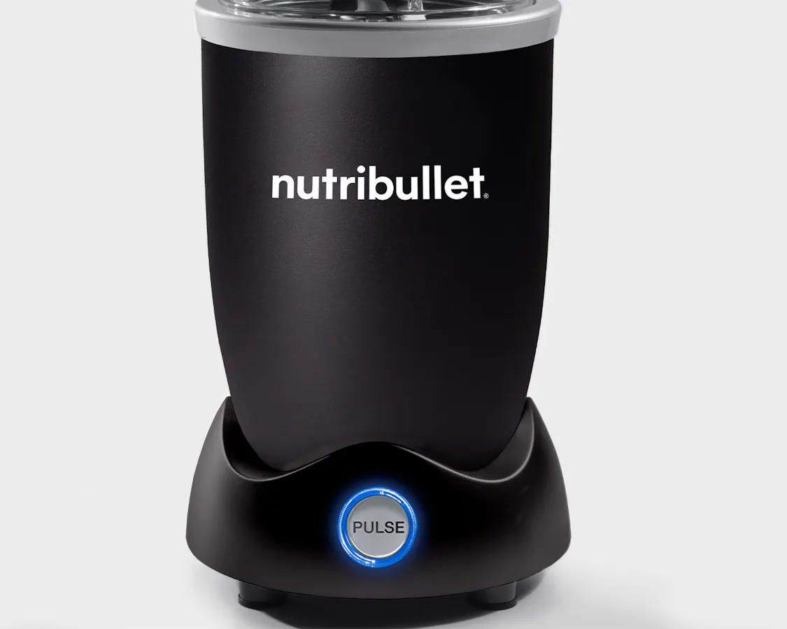 Close up of the matte black nutribullet pro plus base on a gray background