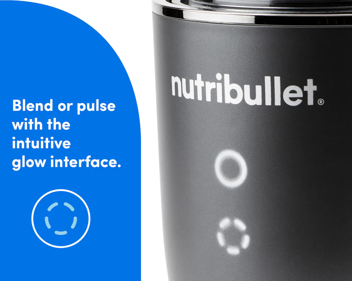An even closer zoom-in of the illuminated power buttons on the face of the Ultra Motor Base. Text reads: blend or pulse with the illuminated glow interface.