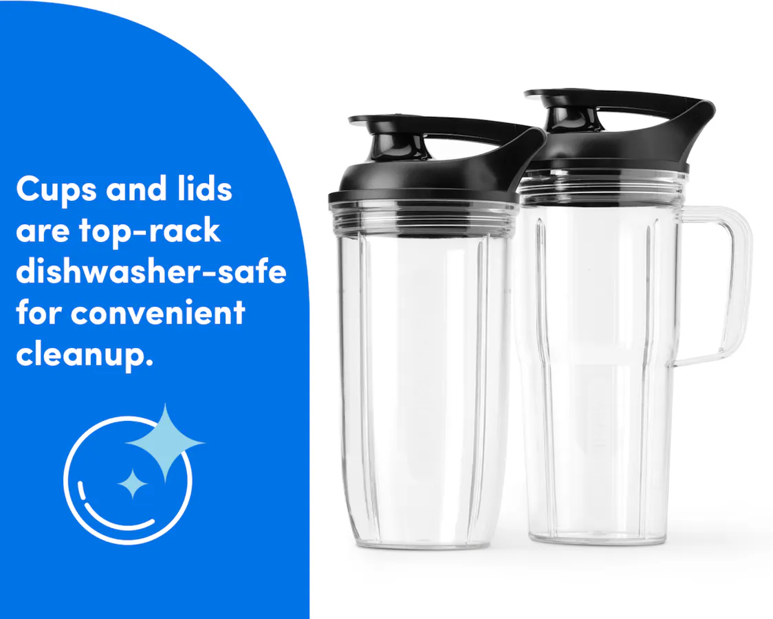 Image of the empty 24-oz Handled Cup and 32-oz Cup with To-Go Lids atatched on a white background. Text reads: Cups and lids are top-rack dishwasher-safe for convenient cleanup.