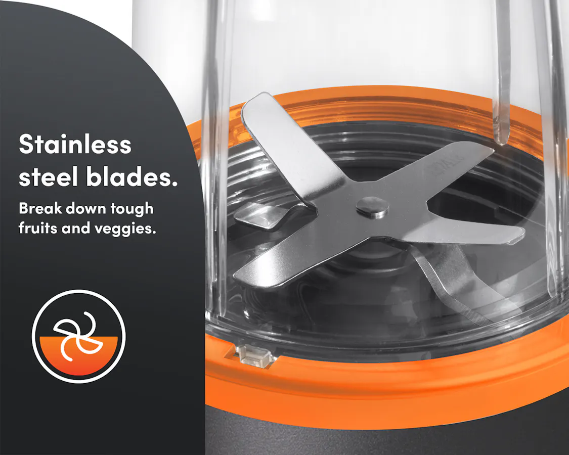 Closeup the nutribullet® x McLaren: Pro blades. A gray panel on the left reads "Stainless steel blades" with a corresponding icon below.