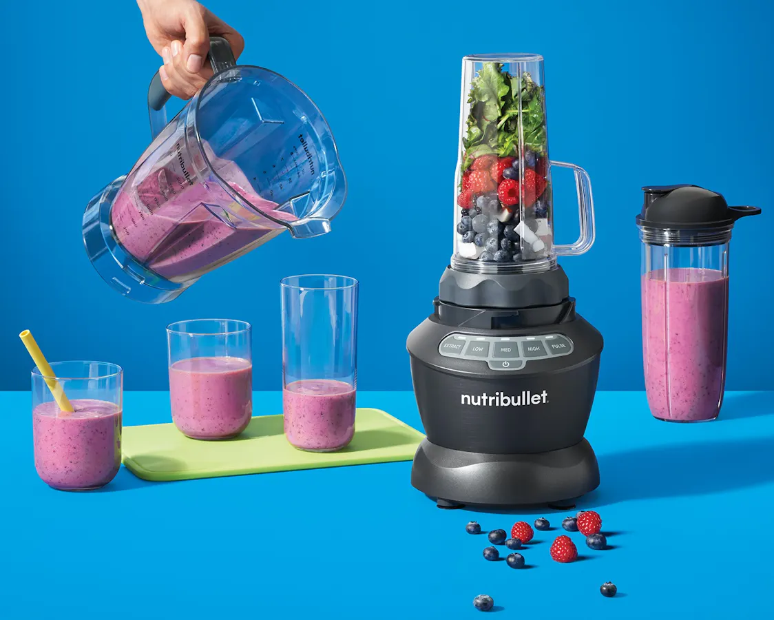 nutribullet Blender Combo with 64 oz pitcher on blue background.